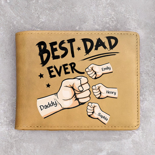 Best Dad Ever personalized leather wallet with custom fist bump design and names Emily, Henry, and Sophia.