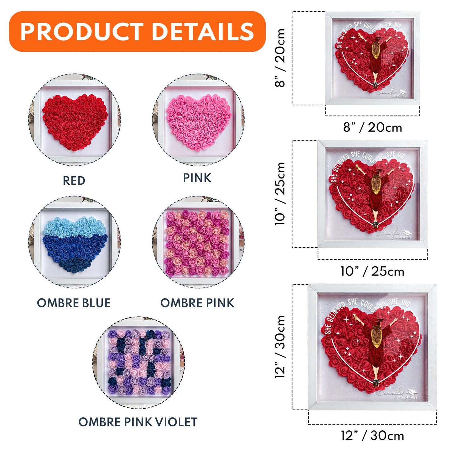 Graduation flower shadow box: Heart-shaped floral design in multiple colors, MDF frame.