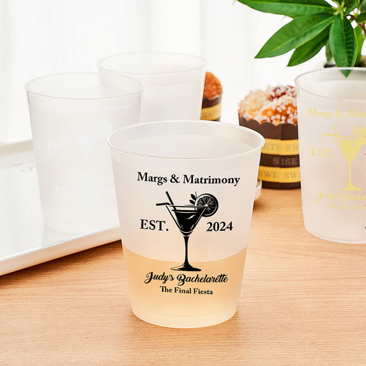 Margs & Matrimony personalized plastic cup for bridal parties. Durable and stylish.