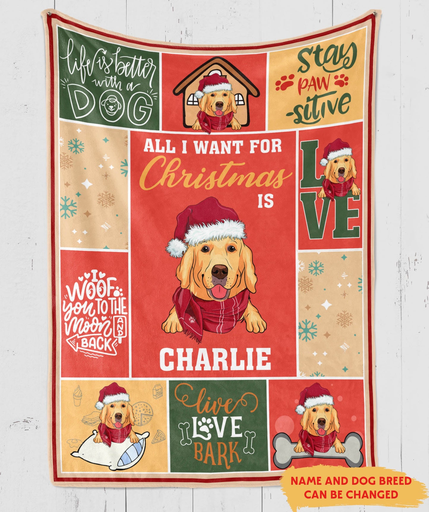 Personalized pet photo fleece blanket with Charlie's image, Christmas themed, soft and cozy