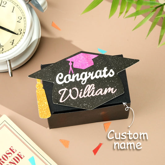 Personalized graduation money gift box with "Congrats William", graduation cap design. Ideal gift for graduates.