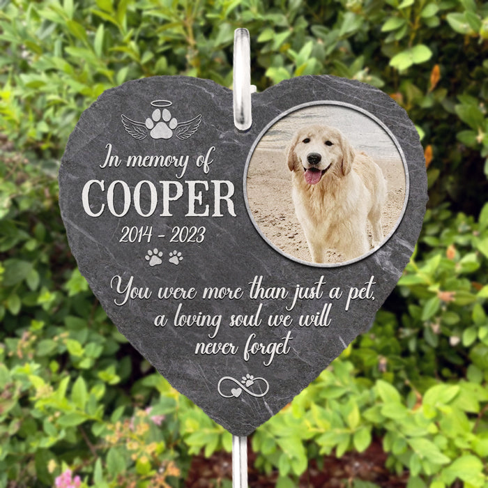 Personalized dog memorial garden slate with photo of Cooper, a sympathy gift for loss of a pet, made of slate
