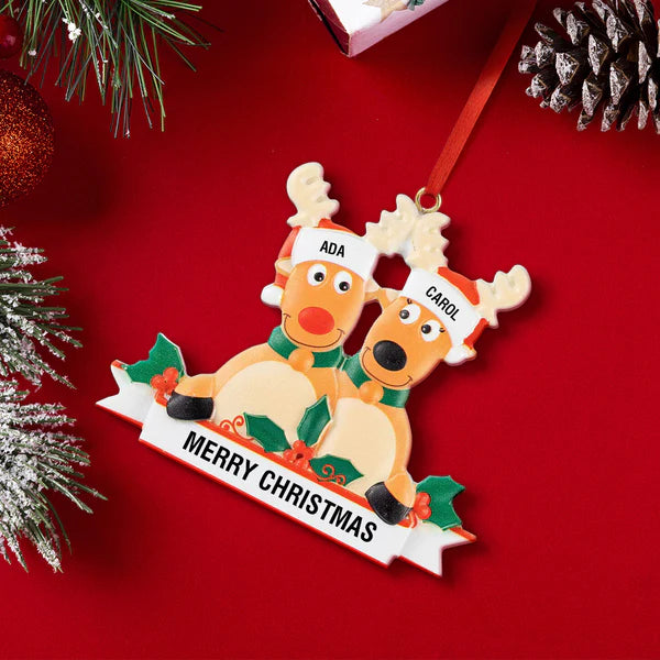 Personalized Reindeer Family Christmas Ornament, resin material with Merry Christmas text, festive holiday decoration
