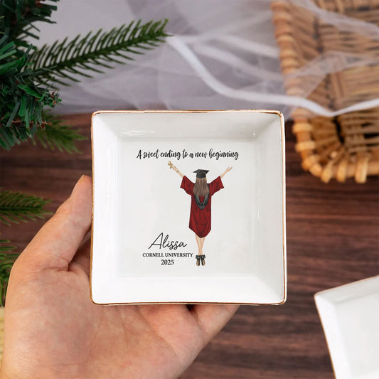 Graduation jewelry dish, white ceramic, "A Sweet Ending" gift.