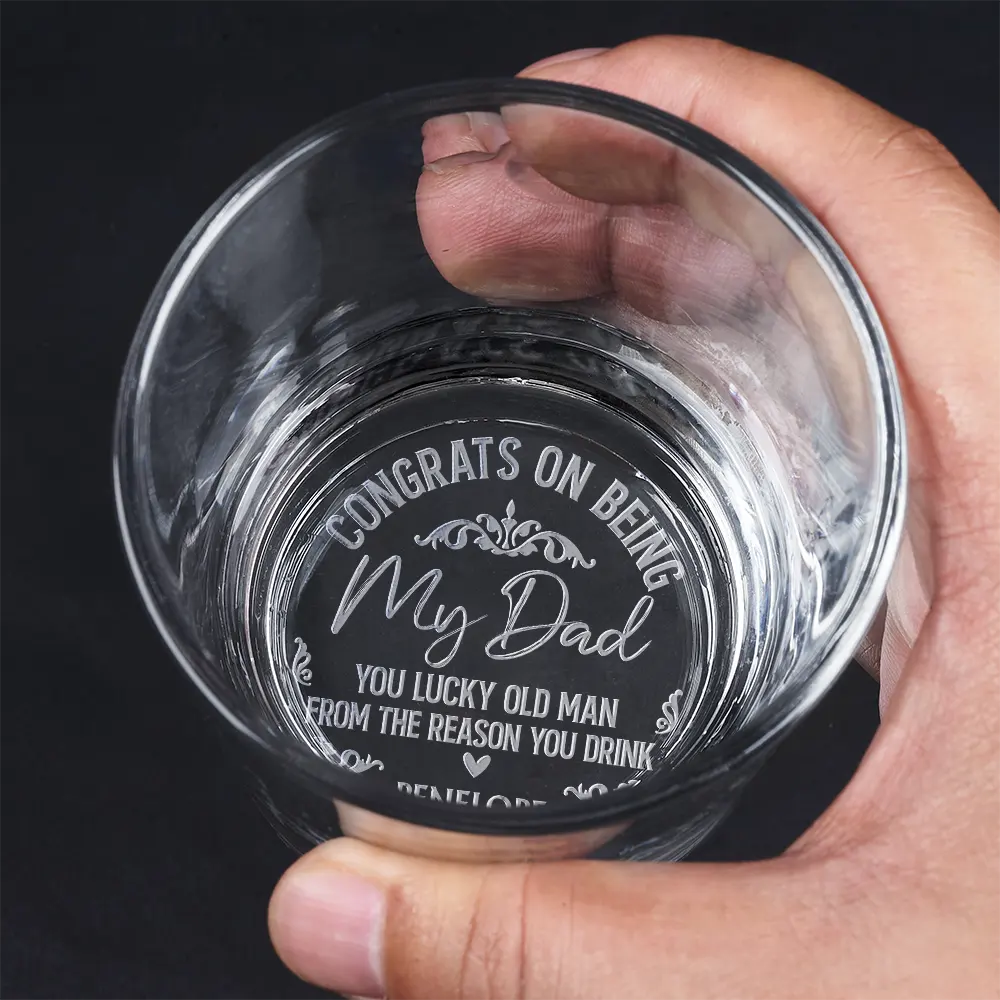Personalized engraved whiskey glass for Dad, 'Congrats on being my Dad' message, ideal Father's Day gift.