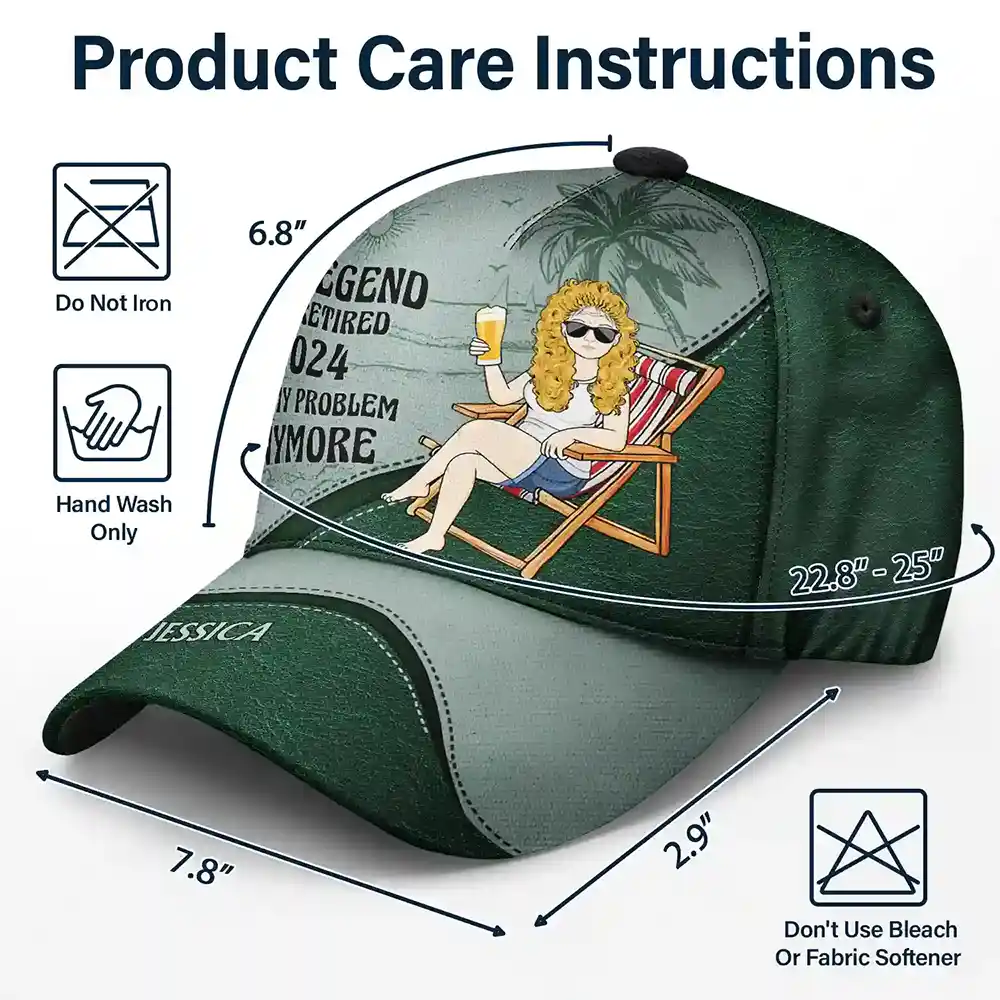 Retirement classic cap with retirement scene design, polyester-cotton, green and gray colors, care instructions