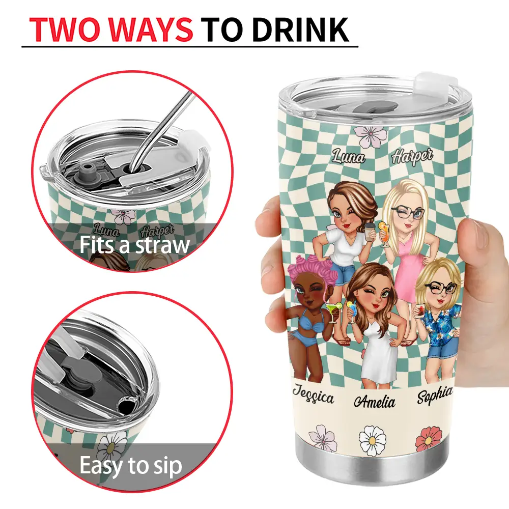 Custom Best Friend Tumbler with illustrations, stainless steel, two ways to drink.