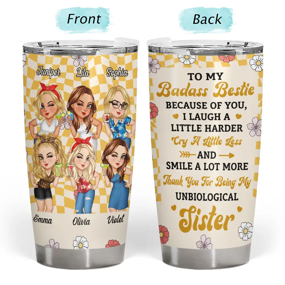 Personalized best friend tumbler with custom illustrations and quote. Stainless steel, ideal gift.