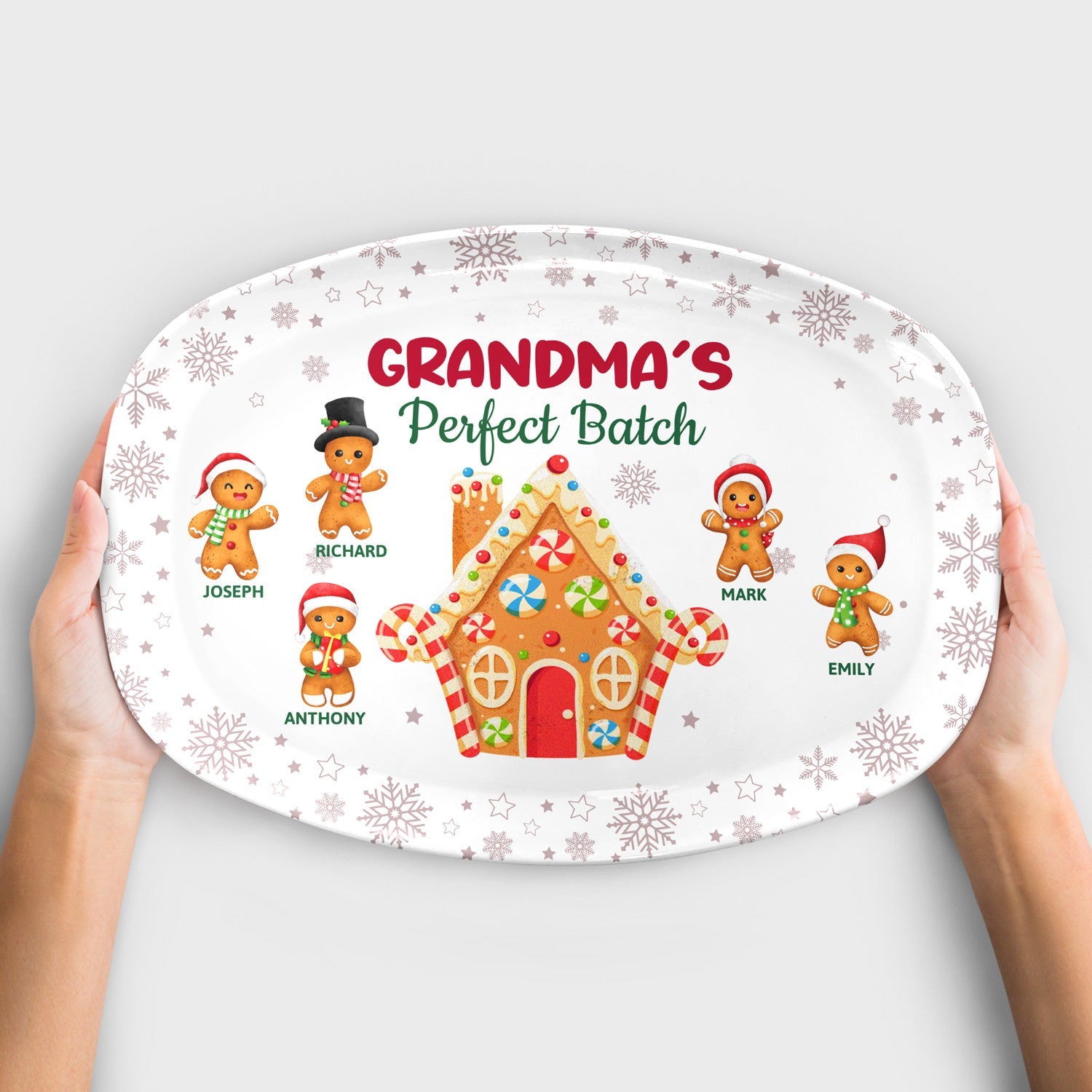 Personalized Grandma's Perfect Batch Christmas platter with gingerbread design, BPA-Free plastic.