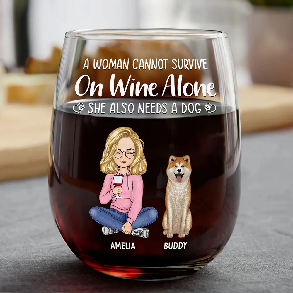 Personalized stemless wine glass with dog mom and dog dad design, 15oz glass, custom text
