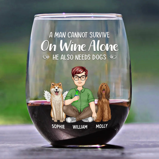 Dog lover's personalized stemless wine glass, "A woman needs dogs"
