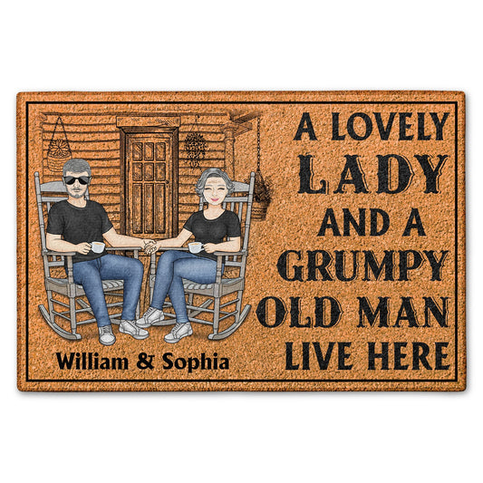 Custom doormat with the phrase "A lovely lady and a grumpy old man live here." Personalized couple gift.