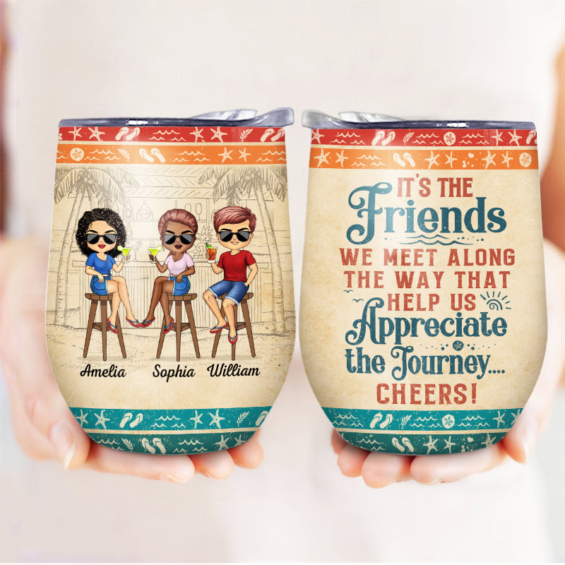 Custom wine tumbler for best friends with cartoon design and quote.