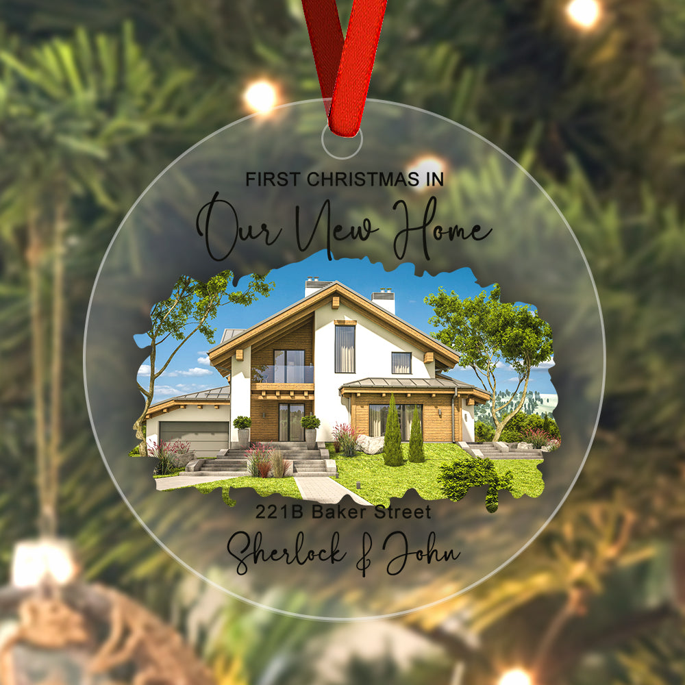 Custom New Home Photo Ornament - Acrylic housewarming gift with house photo & red ribbon.