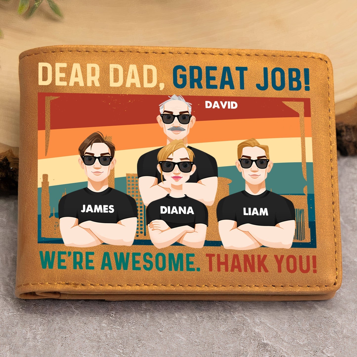 Personalized leather wallet for dad with "Dear Dad, Great Job" design. Great first father's day gift for husband.