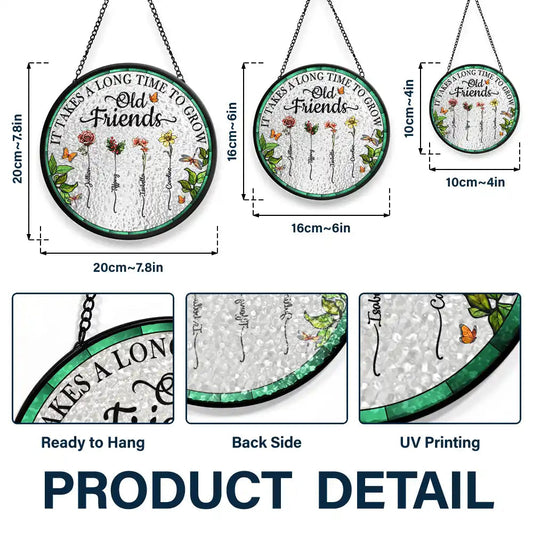 Birth Flower Grow An Old Friend Stained Glass Suncatcher - Product Details, Sizes, and Material Display