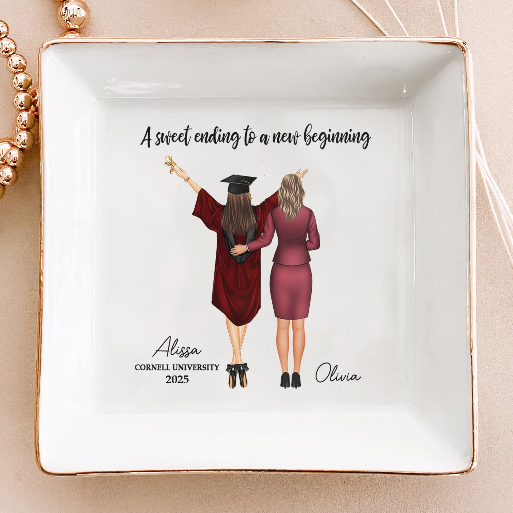 Personalized Graduation Jewelry Dish - "A Sweet Ending To A New Beginning" Ceramic Dish Gift