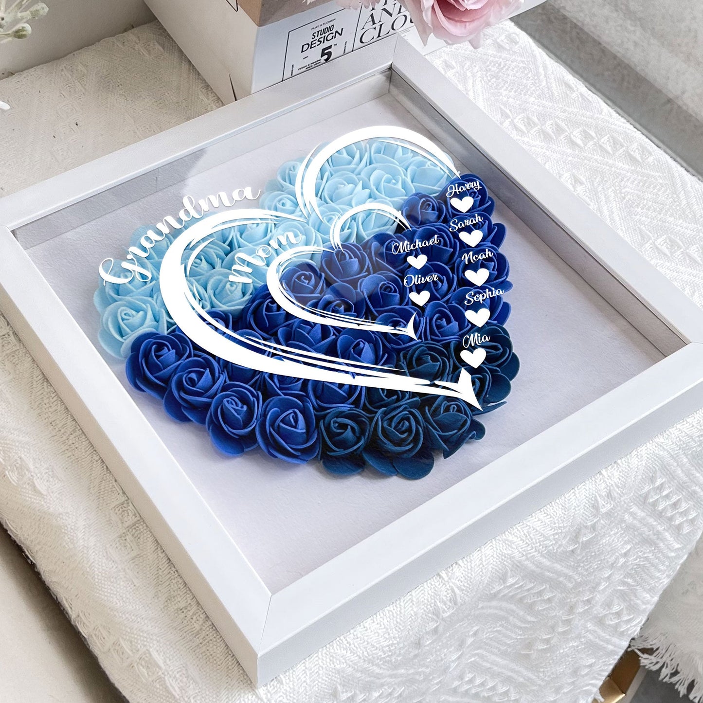 Personalized blue heart flower shadow box for Mom, white frame, Mother's Day gift.