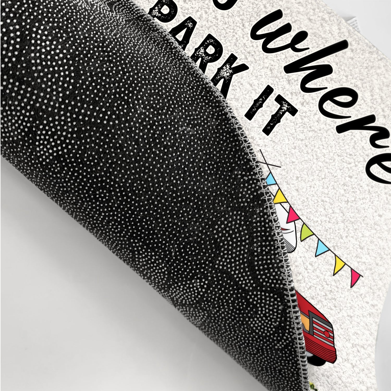 Personalized camping doormat with "Home is where we park it" text and camping illustrations.