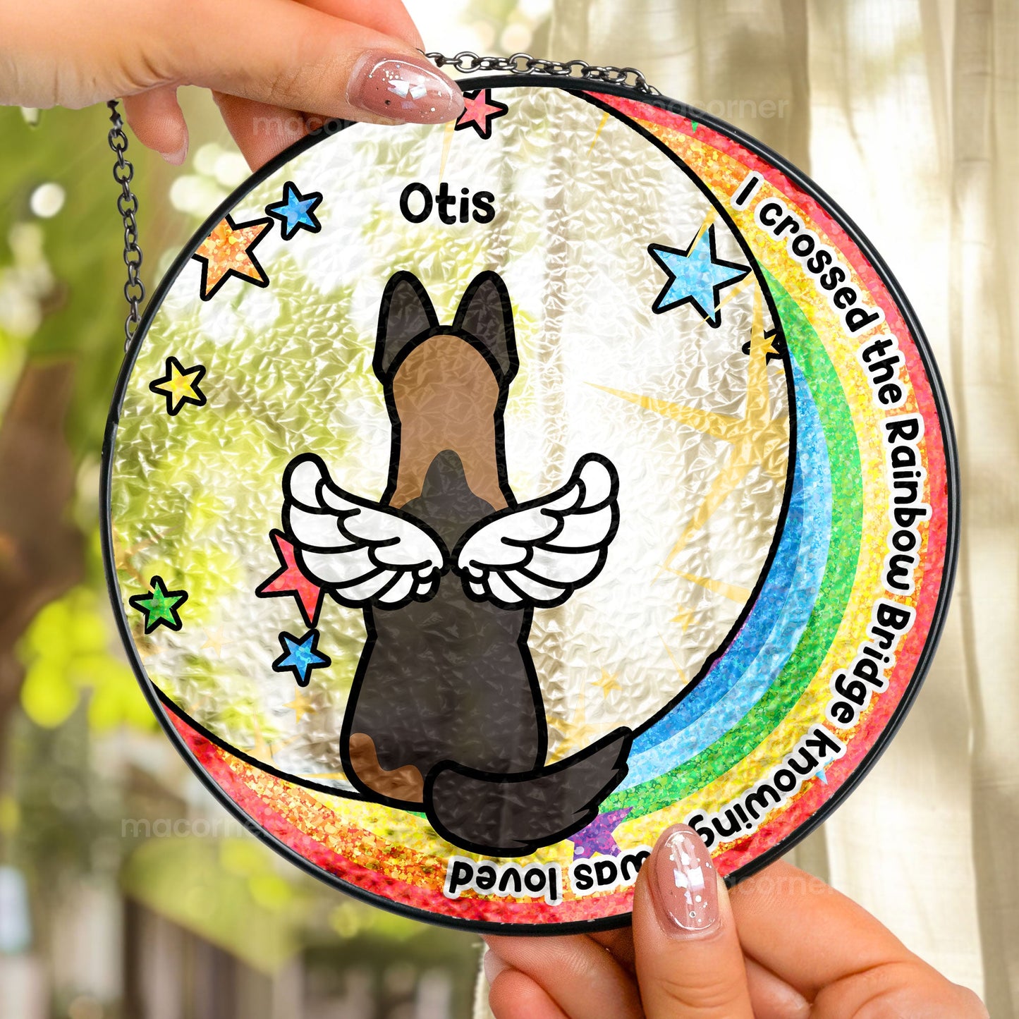Dog memorial suncatcher, rainbow bridge design, angel wings, pet loss gift, with dog's name and text.
