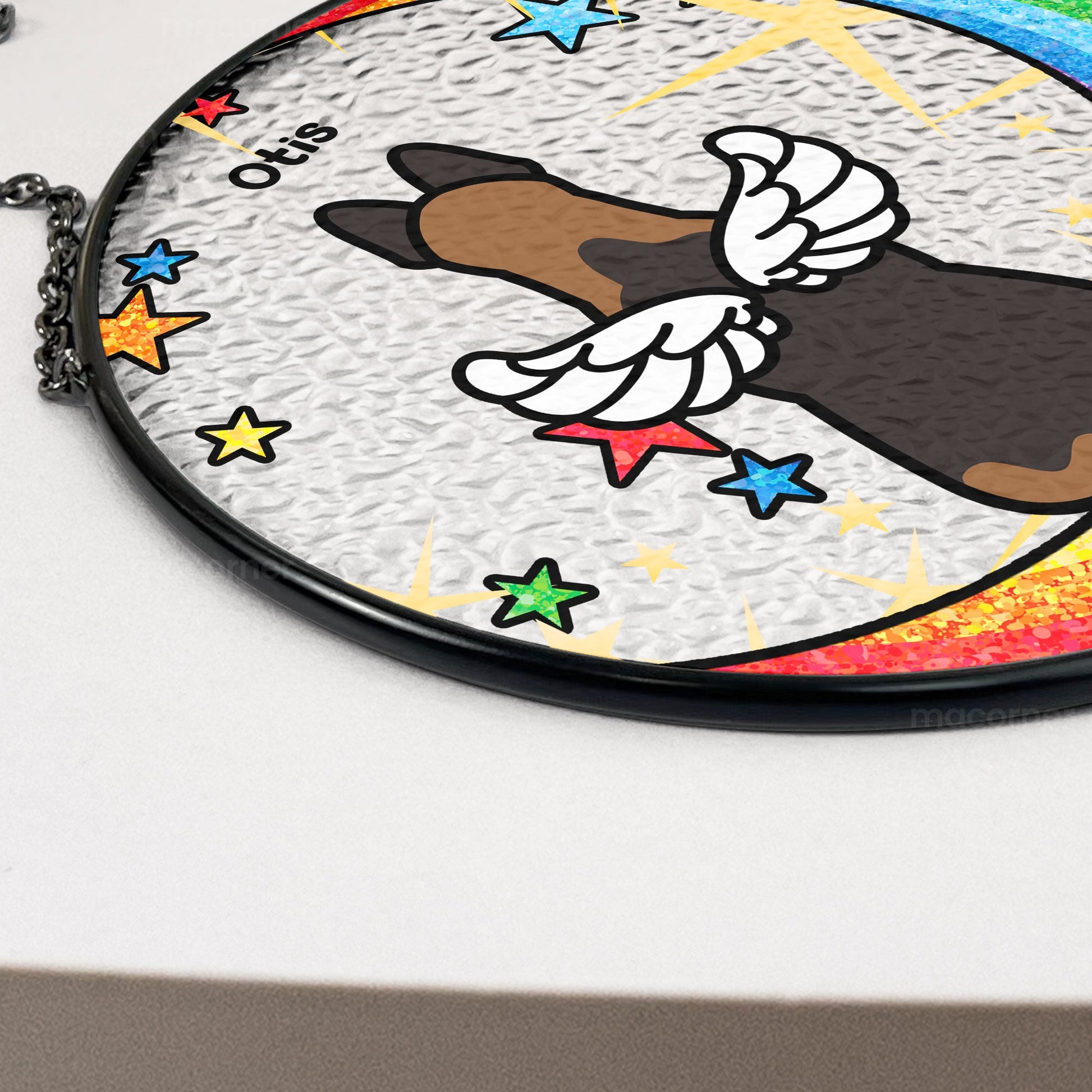 Dog Memorial Suncatcher detail with rainbow bridge design, pet loss gift, I Crossed The Rainbow Bridge text