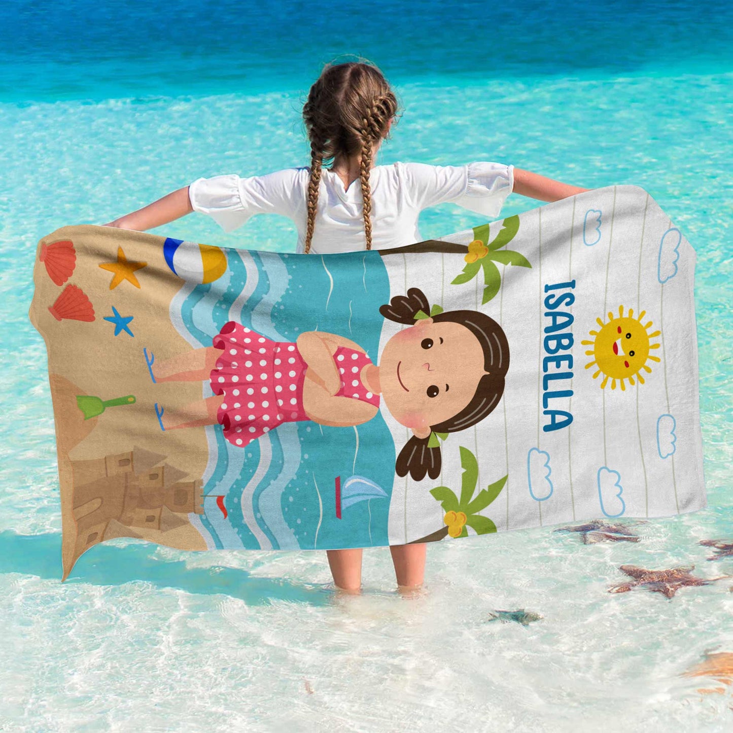 Personalized Kid On The Beach towel with "ISABELLA" name, super-soft microfiber, beach-ready.