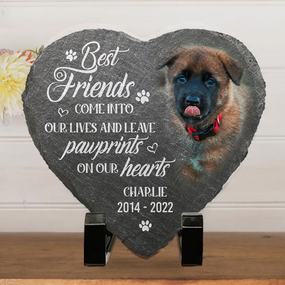 Custom heart-shaped pet memorial stone with dog photo, 'Best Friends' inscription, garden keepsake.
