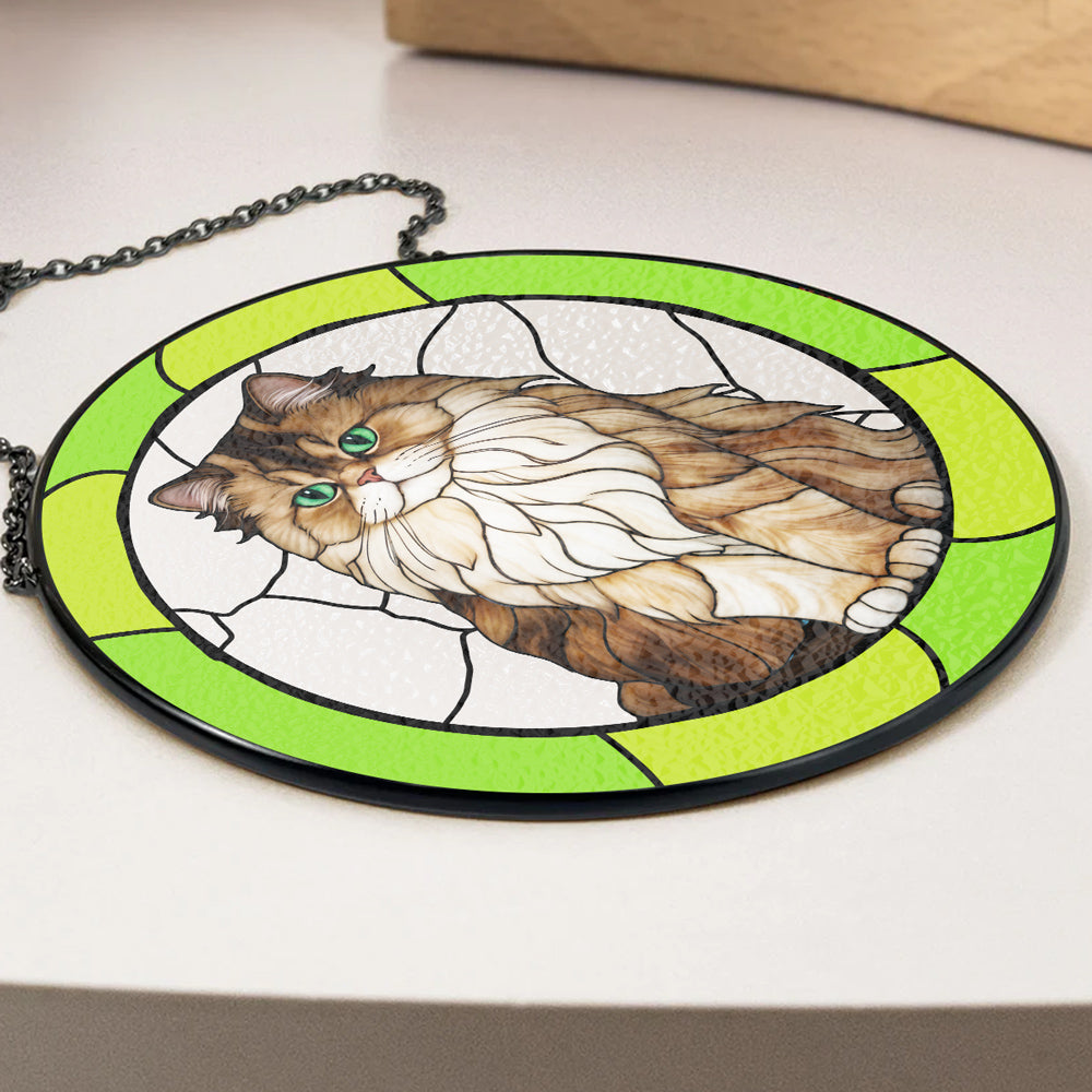 Personalized cat portrait suncatcher with green frame, for window decor.