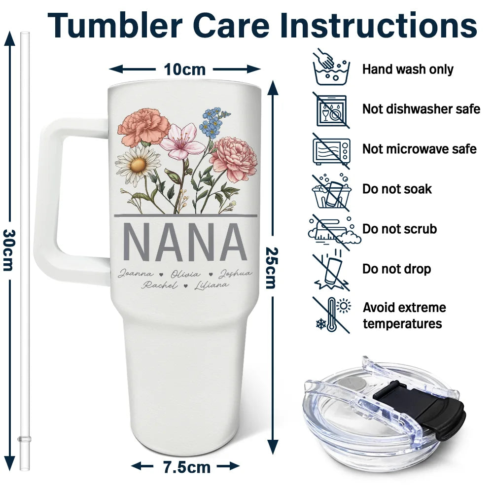 Nana tumbler with birth flowers, insulated stainless steel cup gift. Includes straw and care instructions.