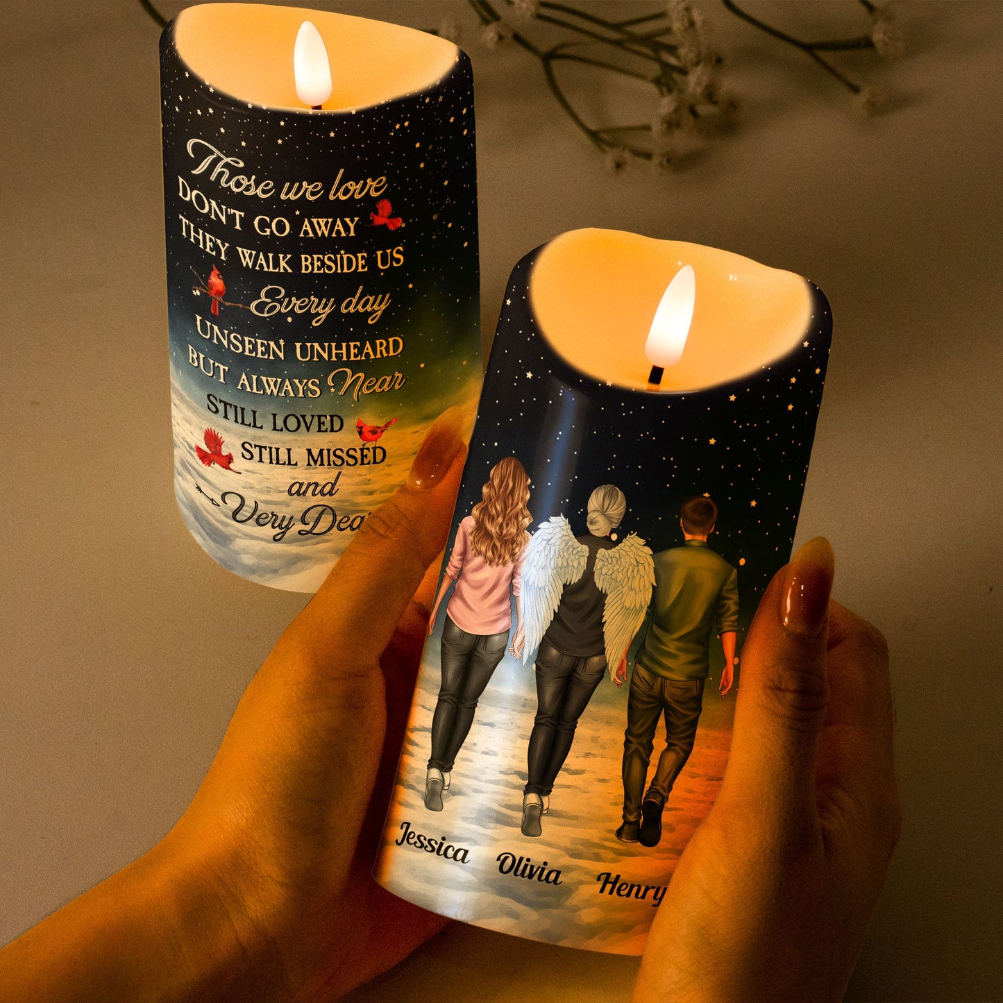 Personalized LED Memorial Candle with comforting message, a safe and lasting tribute for loved ones.