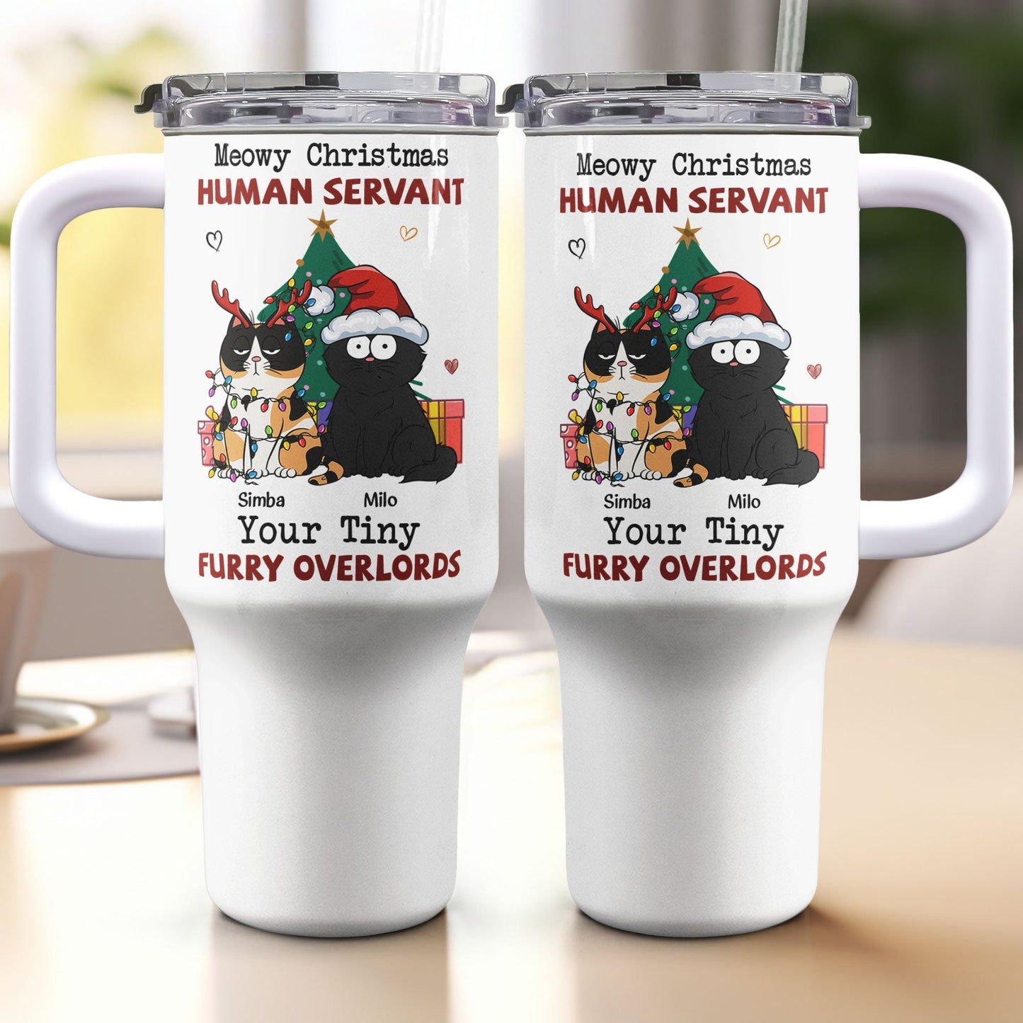 Personalized 40oz Tumbler 'Meowy Christmas, Human Servant' with cat design and straw, perfect for cat lovers