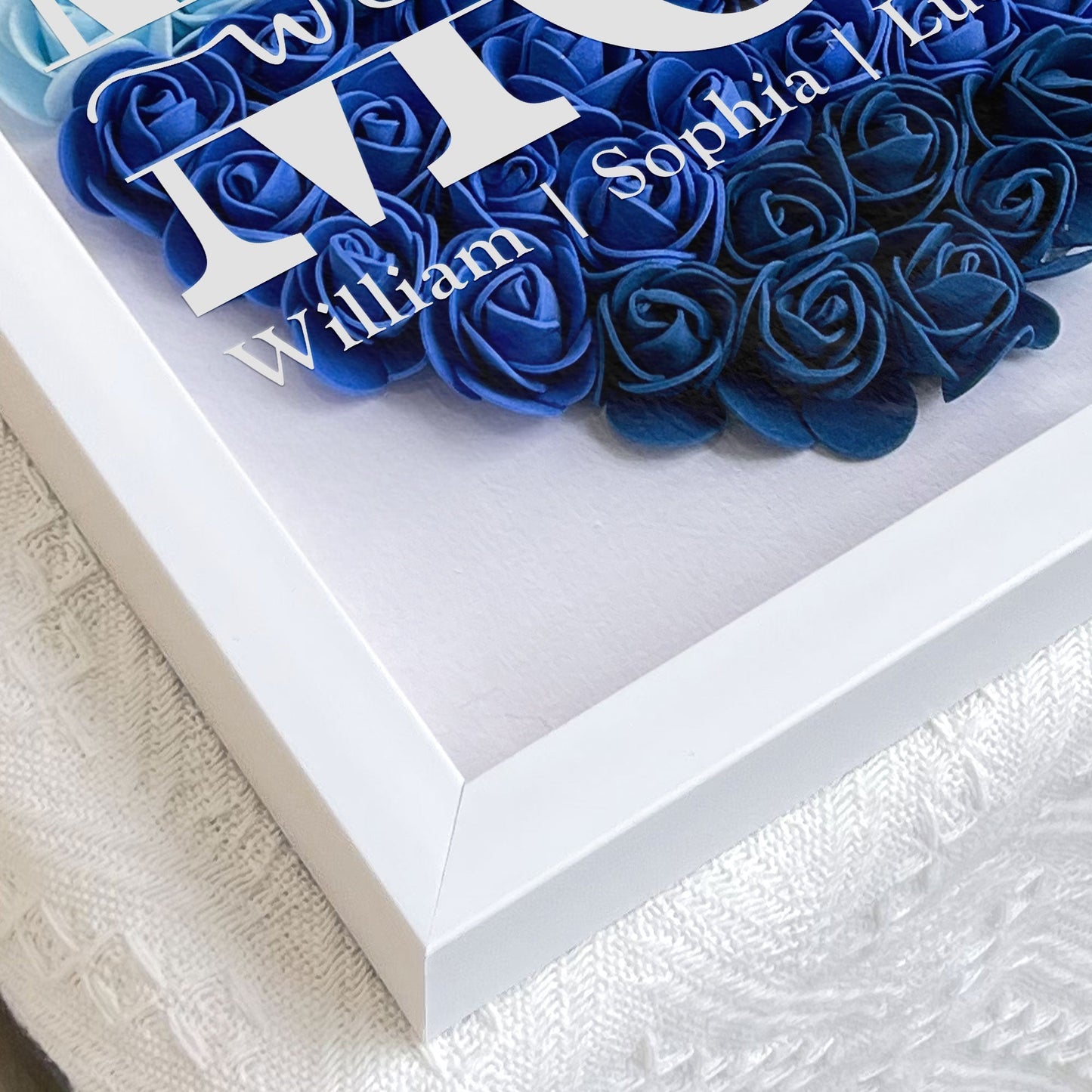 Personalized Mom Flower Shadow Box, blue paper flower heart, We Love You message, white frame, Mother's Day gift