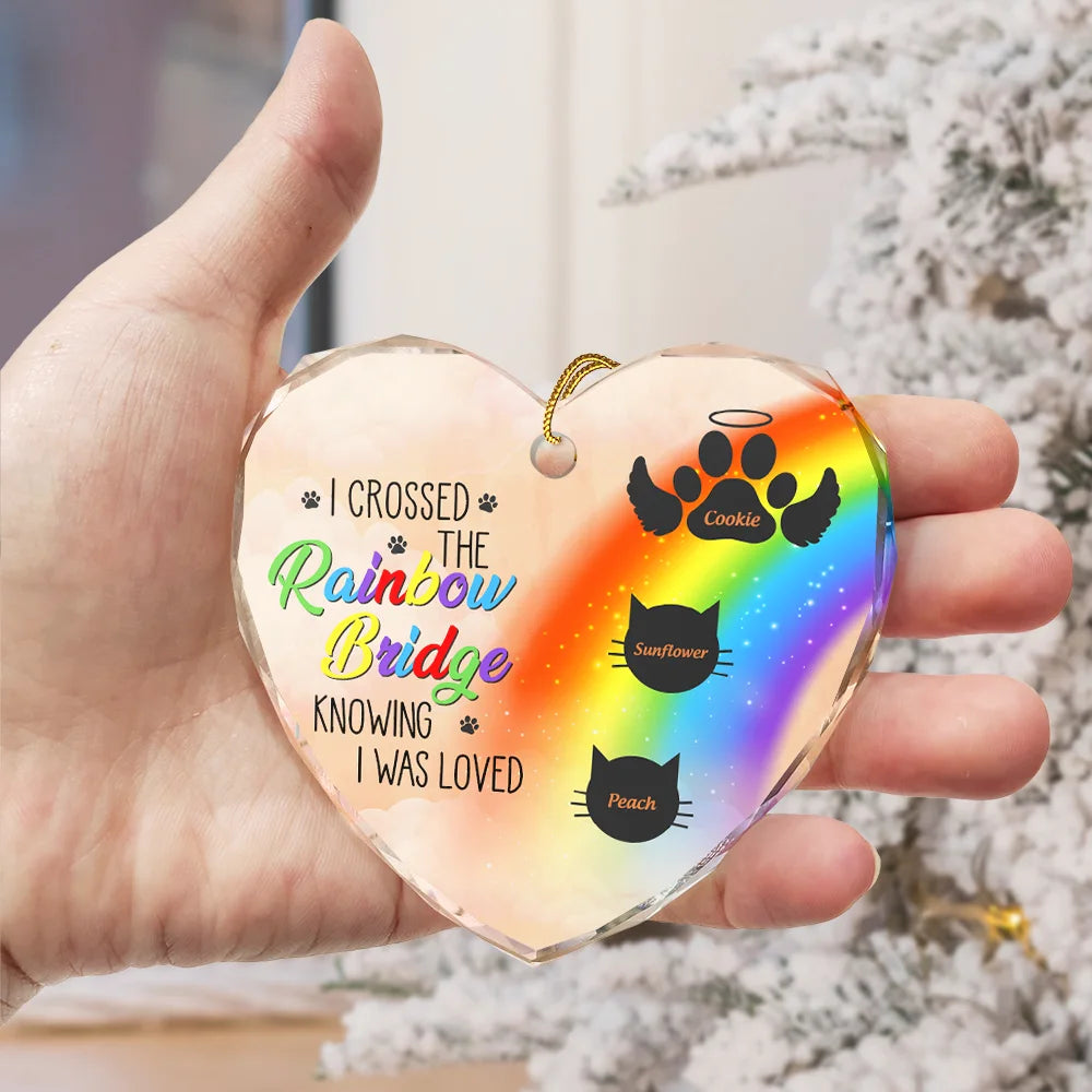 Rainbow Bridge Pet Memorial Ornament - Heart-shaped glass, paw prints & cat silhouette.