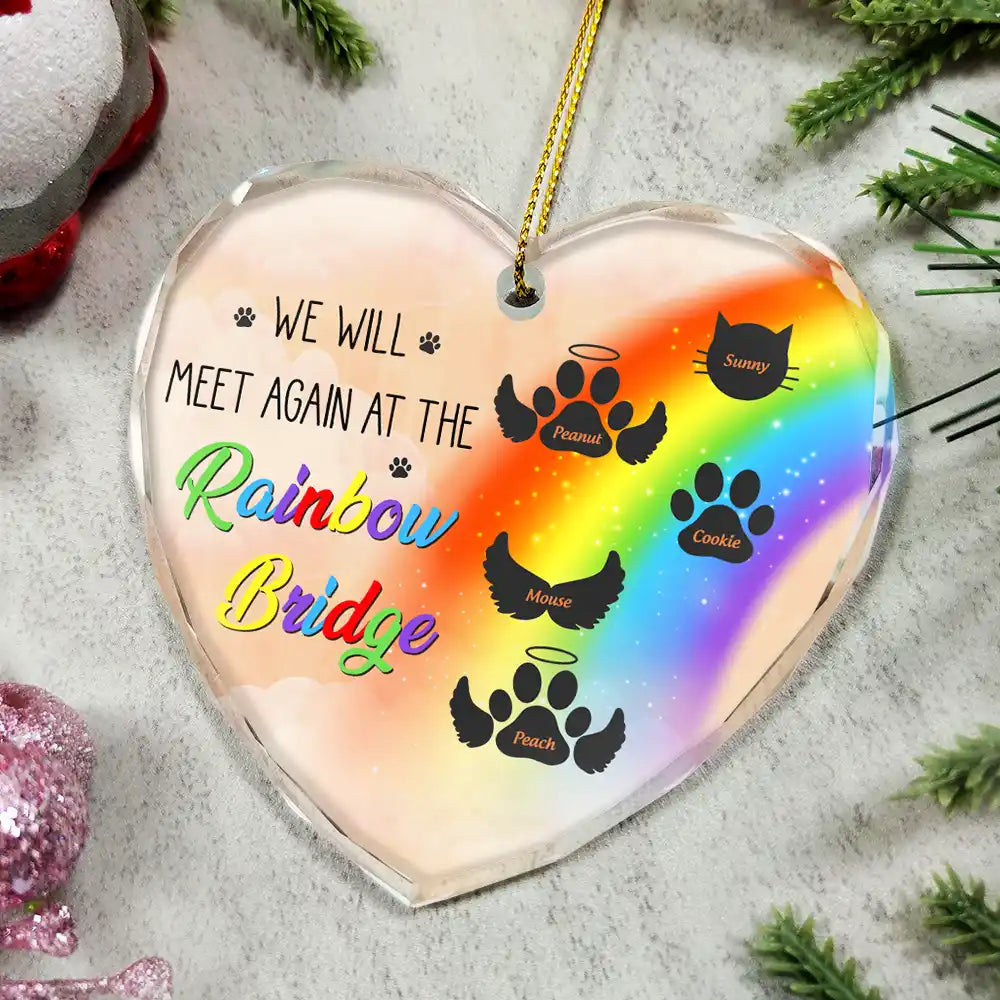Rainbow Bridge Memorial Ornament - Heart-shaped glass, paw prints, "We will meet again"