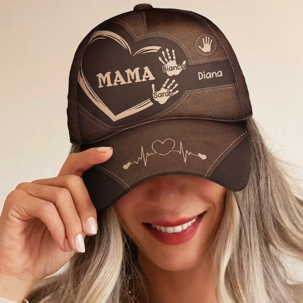 Personalized MAMA Classic Cap with Heart Design, Brown polyester-cotton blend, adjustable fit, perfect mom gift.