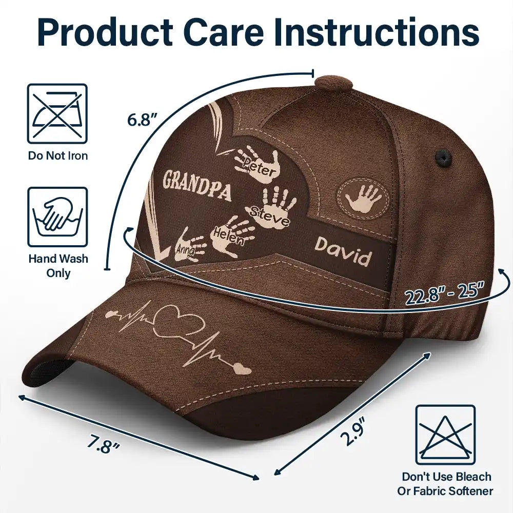Personalized Brown Grandpa Dad Kids Handprints Cap - Family gift, adjustable fit, polyester-cotton blend.