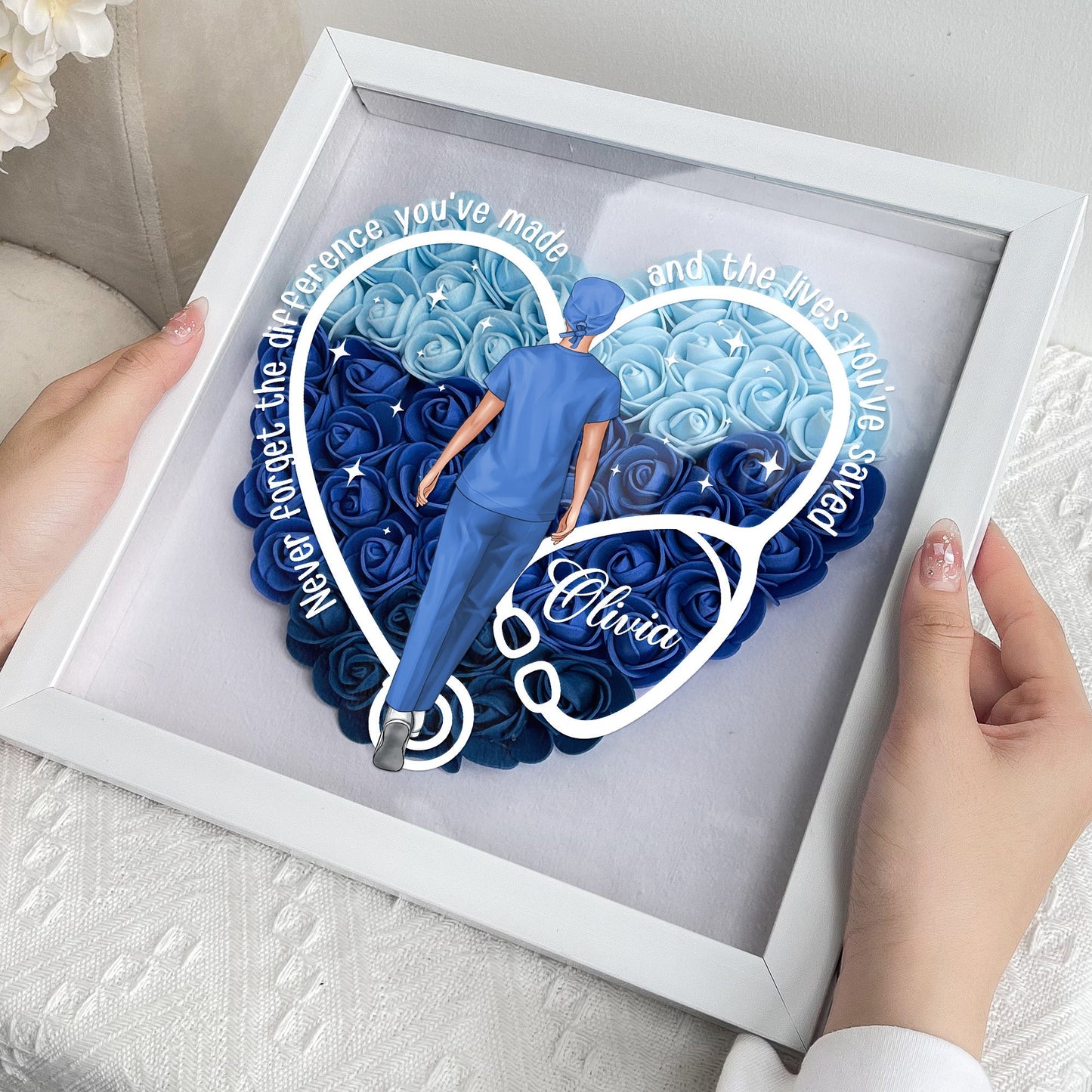 Heart-shaped flower shadow box, blue and white PE foam flowers, nurse and doctor gift, with stethoscope design.