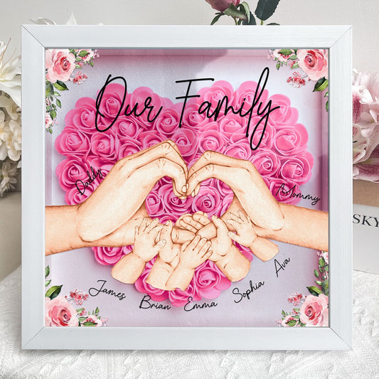 Our Family Personalized Flower Shadow Box, Heart-shaped floral arrangement in a white MDF frame, a custom family keepsake