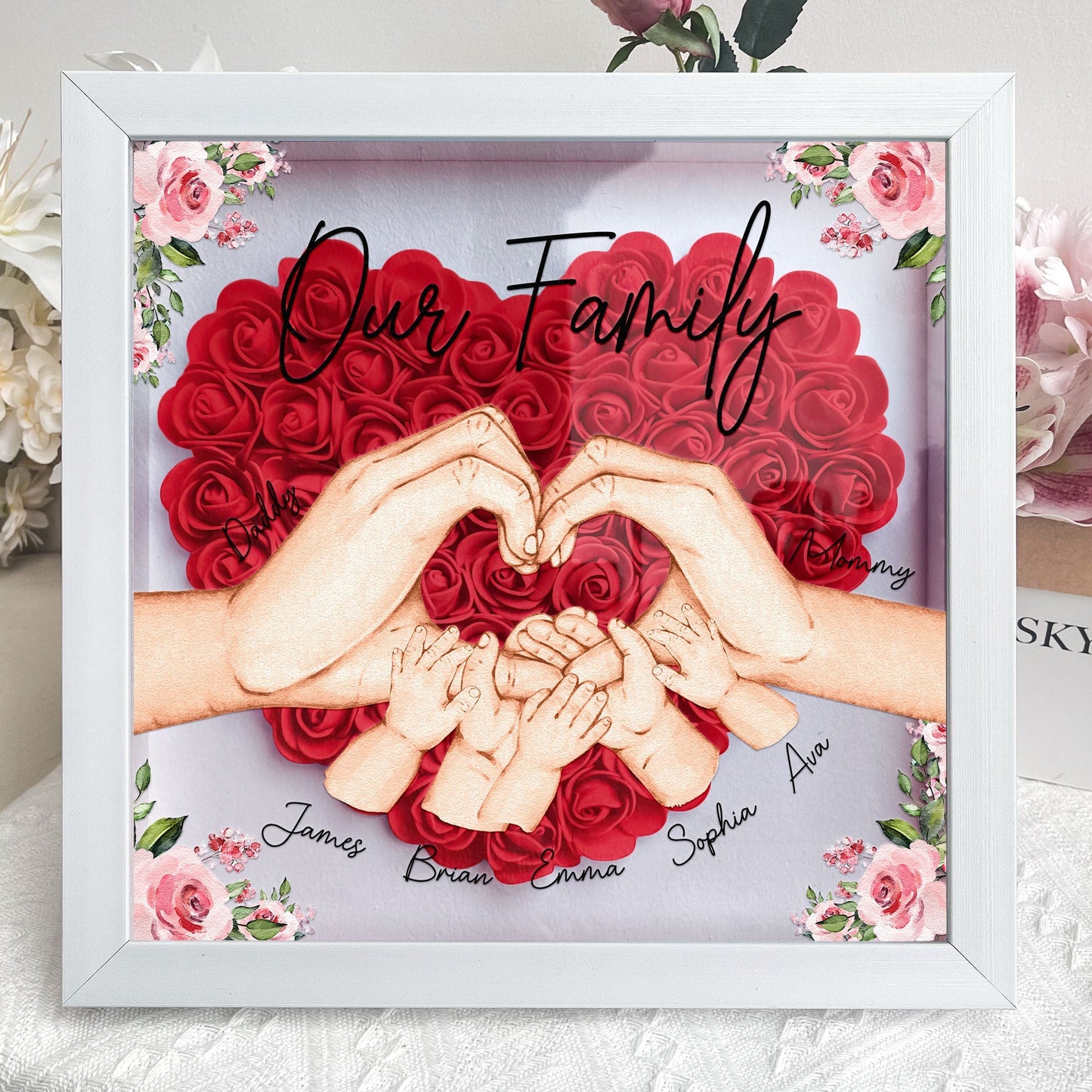 Personalized Family Flower Shadow Box with Heart-Shaped Red Floral Arrangement