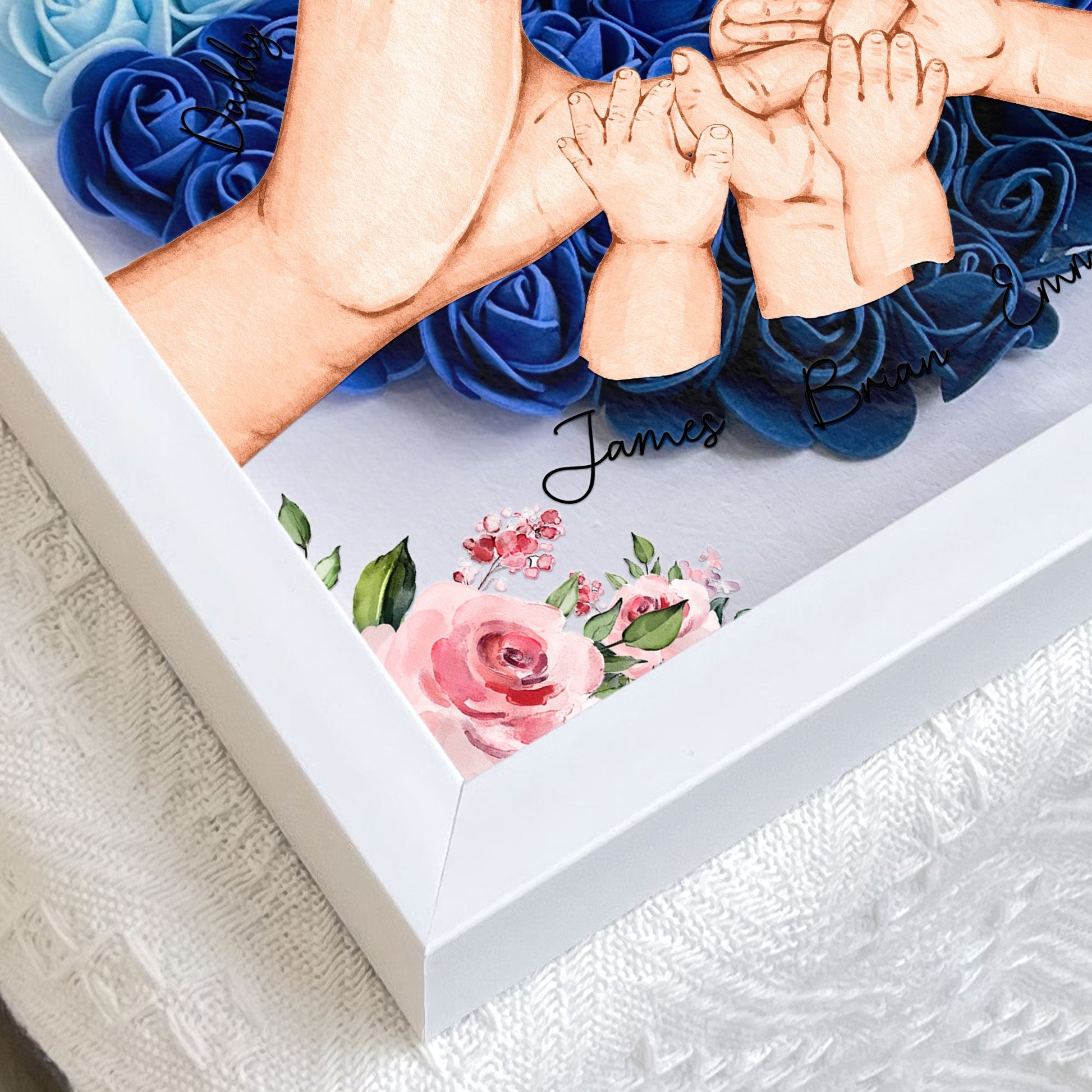 Personalized Flower Shadow Box with "Our Family" arrangement, white MDF frame, custom keepsake