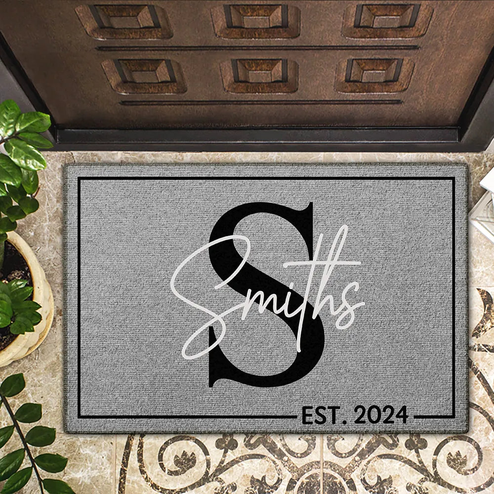 Personalized Gray Doormat with Family Name and Initial, EST. 2024, custom welcome mat