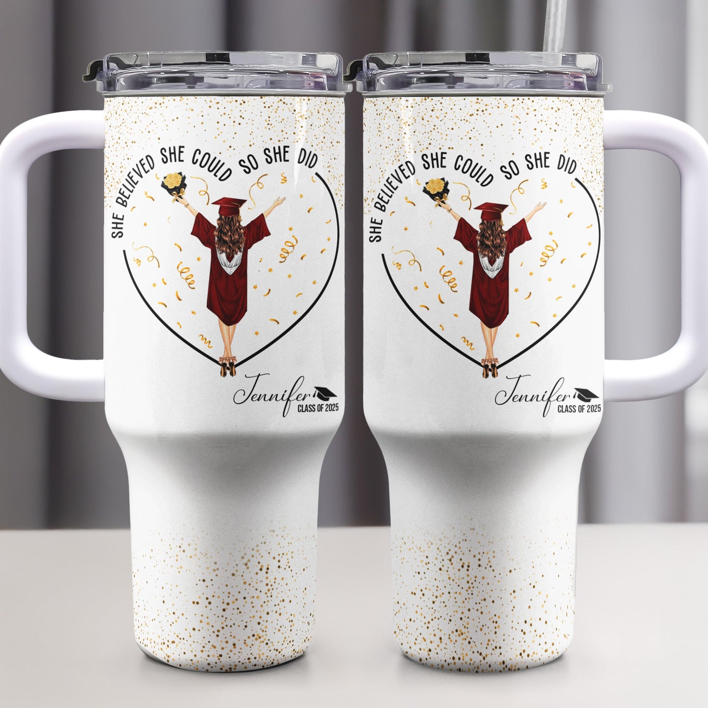 Personalized 40oz Tumbler Gift with 'She Believed She Could So She Did' message, perfect for graduation.