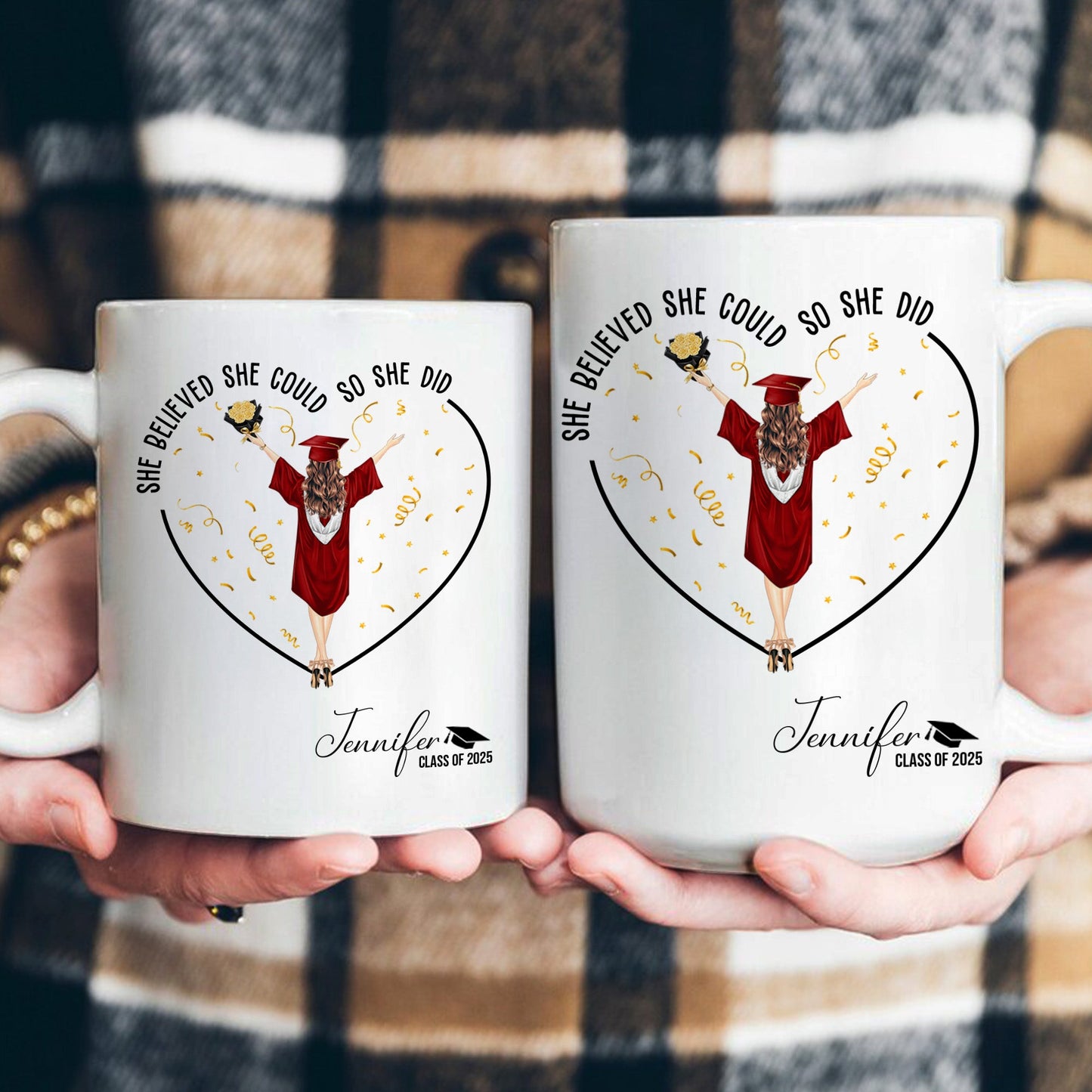 Personalized graduation mug set with 'She Believed She Could So She Did' quote