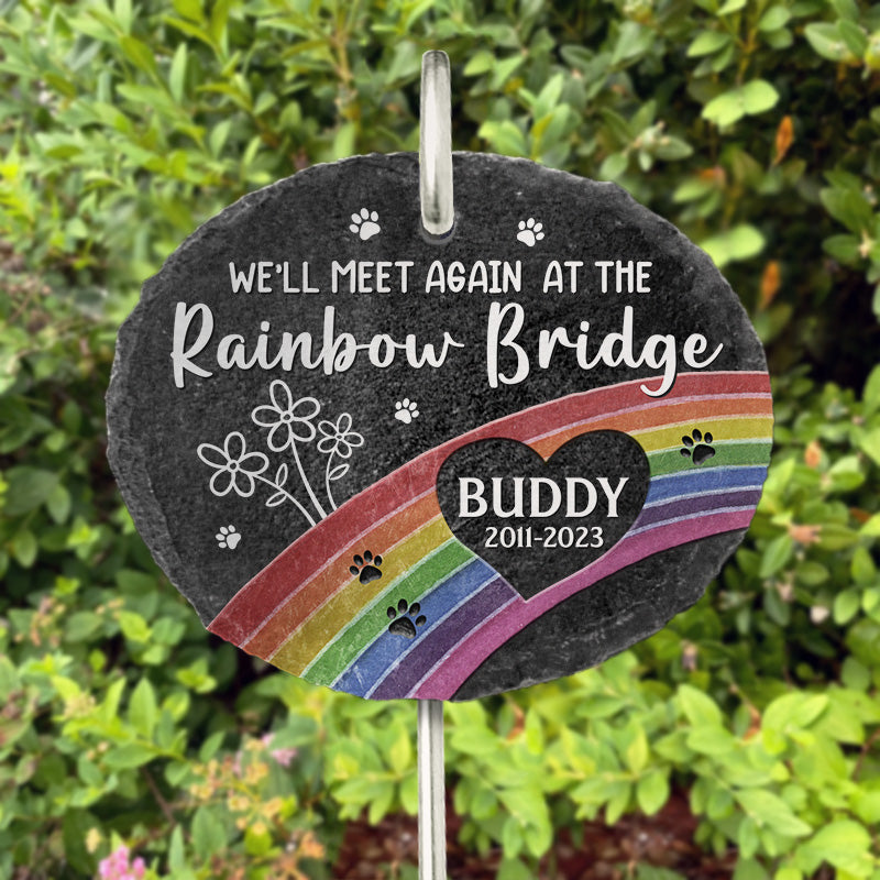 Personalized memorial garden slate with rainbow bridge design, a sympathy gift for pet loss, featuring the pet's name