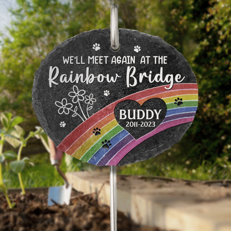 Personalized memorial garden slate with rainbow bridge design and pet's name 'Buddy', a sympathy gift for pet owners.