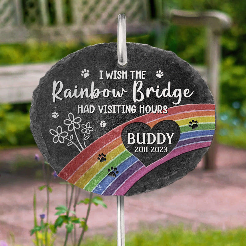 Memorial garden slate with rainbow bridge design and pet's name, a sympathy gift for pet loss.