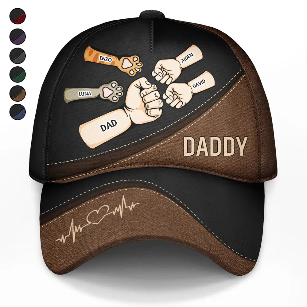 Personalized Father's Day Cap: Fist Bump, Pet Names. Classic cap design, available in multiple colors.