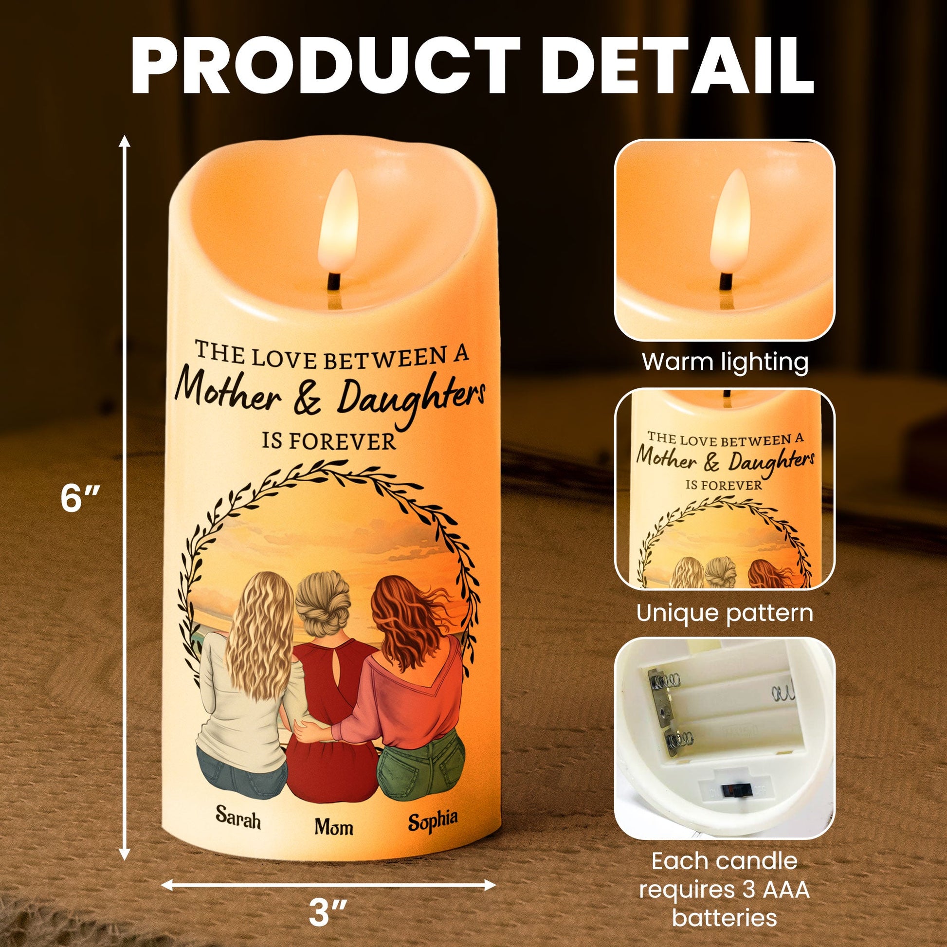 Personalized LED candle for mother & daughter with heartfelt message, flameless, Christmas or Mother's Day gift.