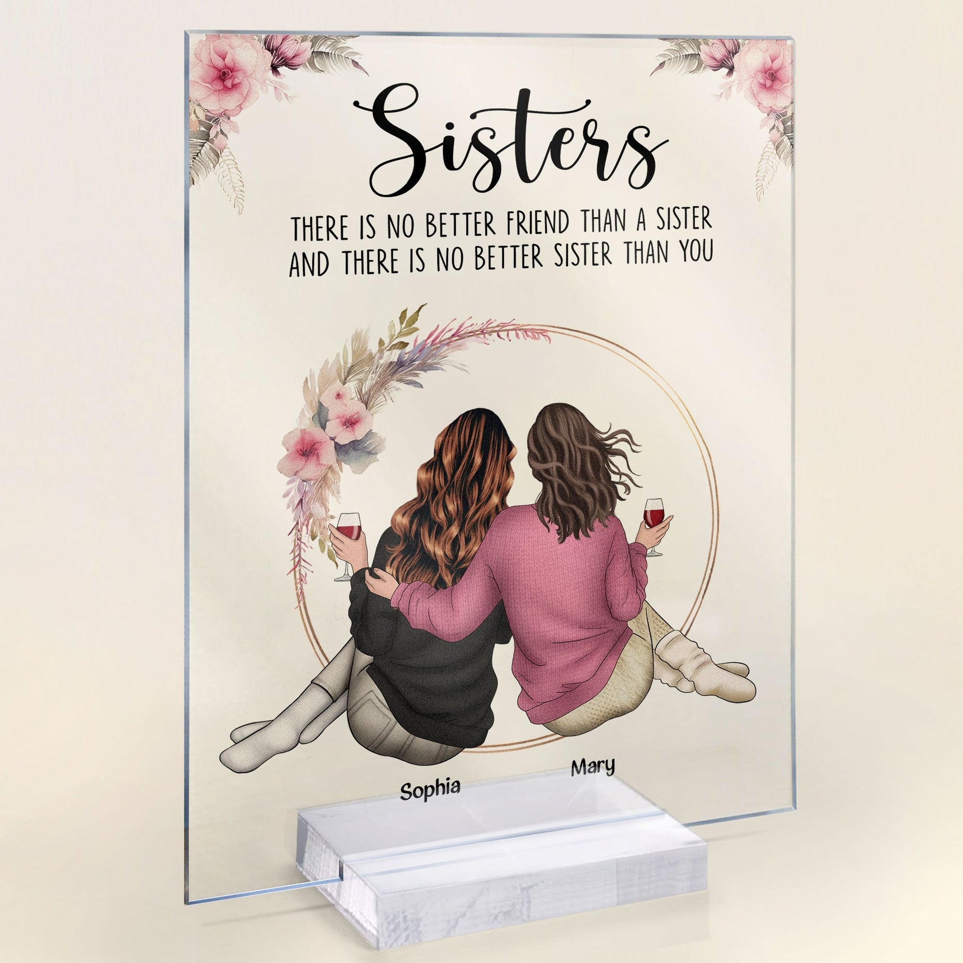 Personalized acrylic plaque for sister with sister illustration and quote
