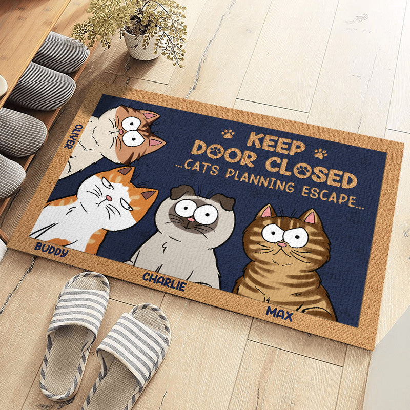Personalized cat doormat with "Keep Door Closed" message, housewarming gift for cat lovers, custom welcome mat